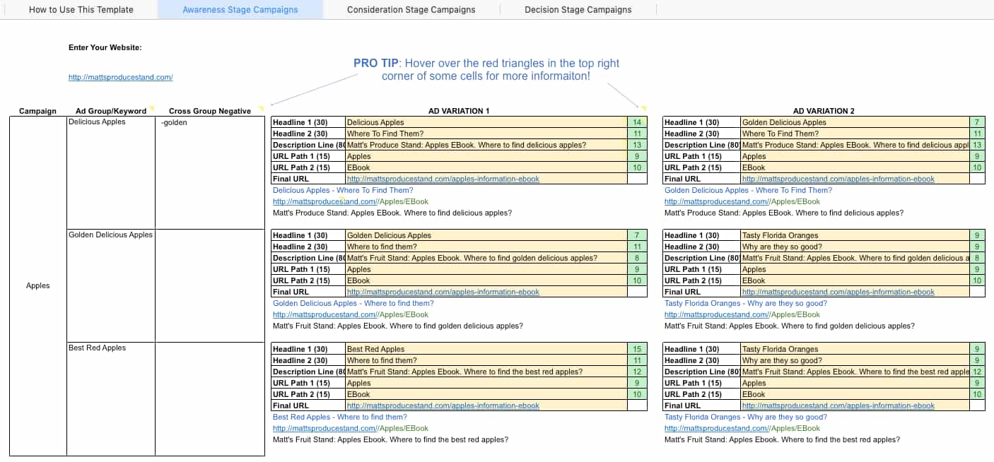 A view of part of the PPC Campaign Template's Awareness Stage template tab